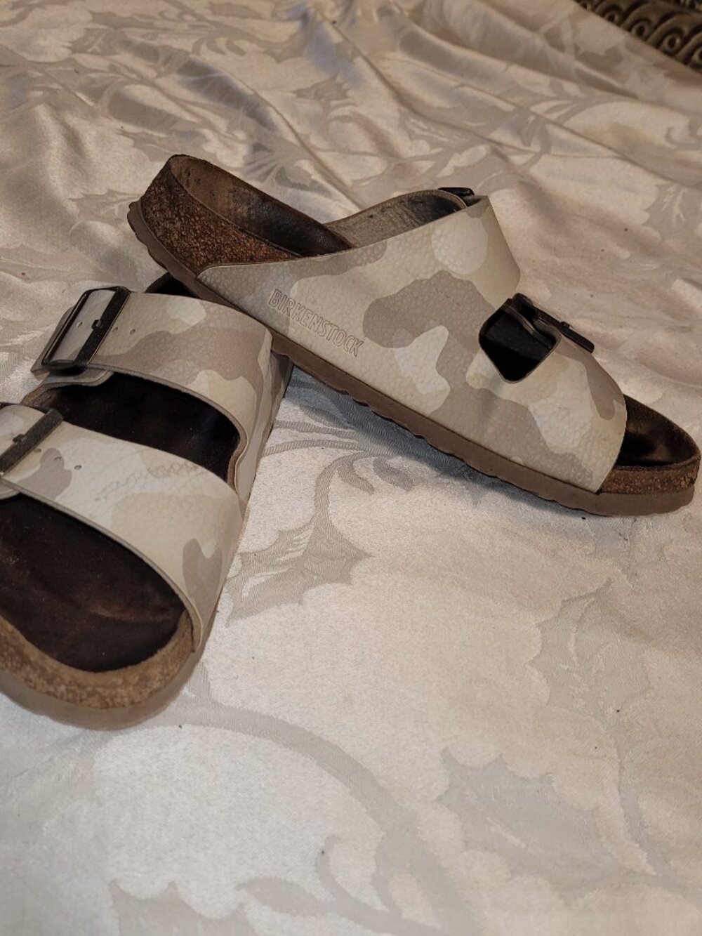 Birkenstock Double-Strap Arizona Soil Camo Sandals in Light Tan and Cream